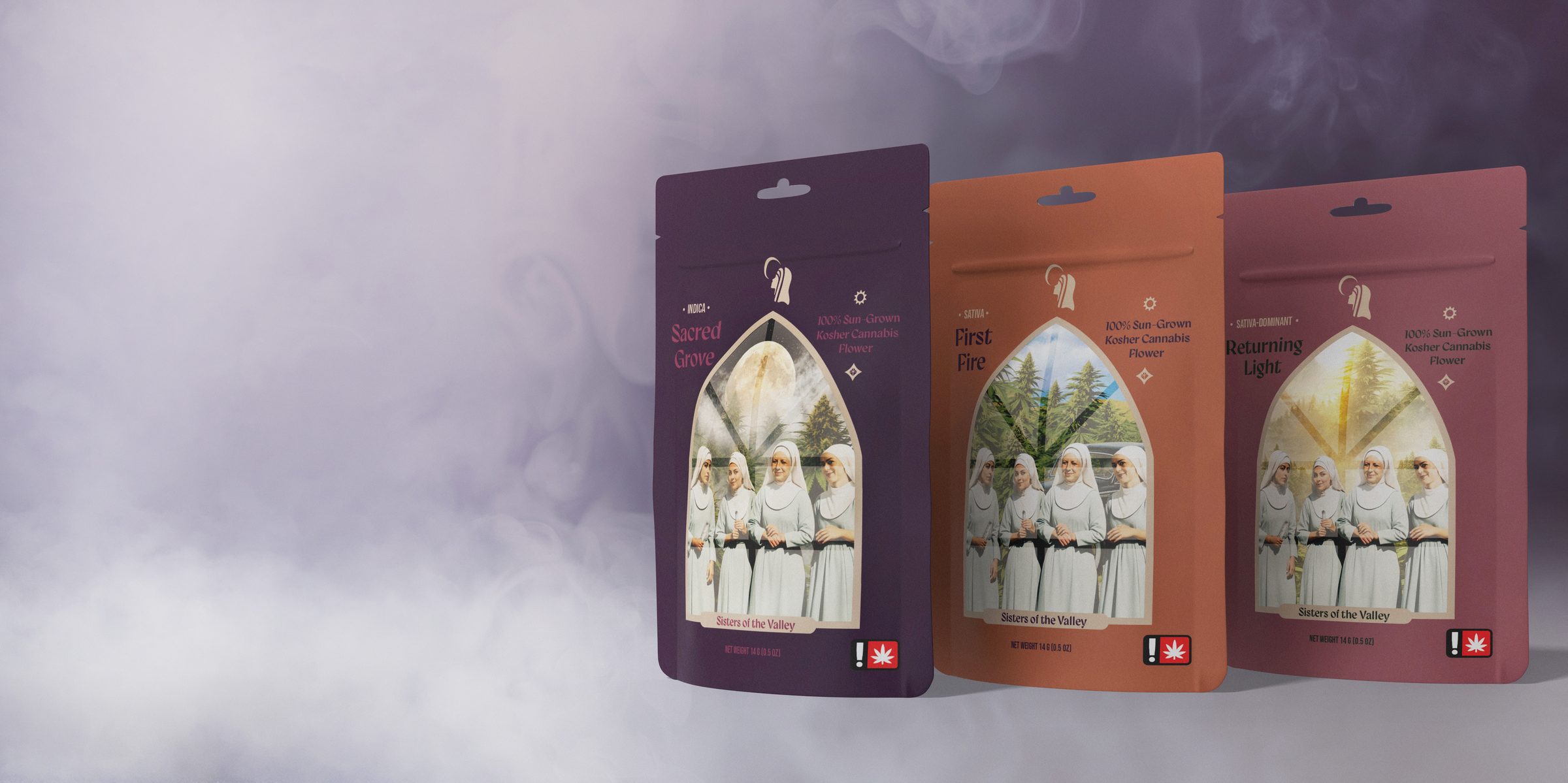 Sacred Grove, First Fire, and Returning Light kosher cannabis flower pouches